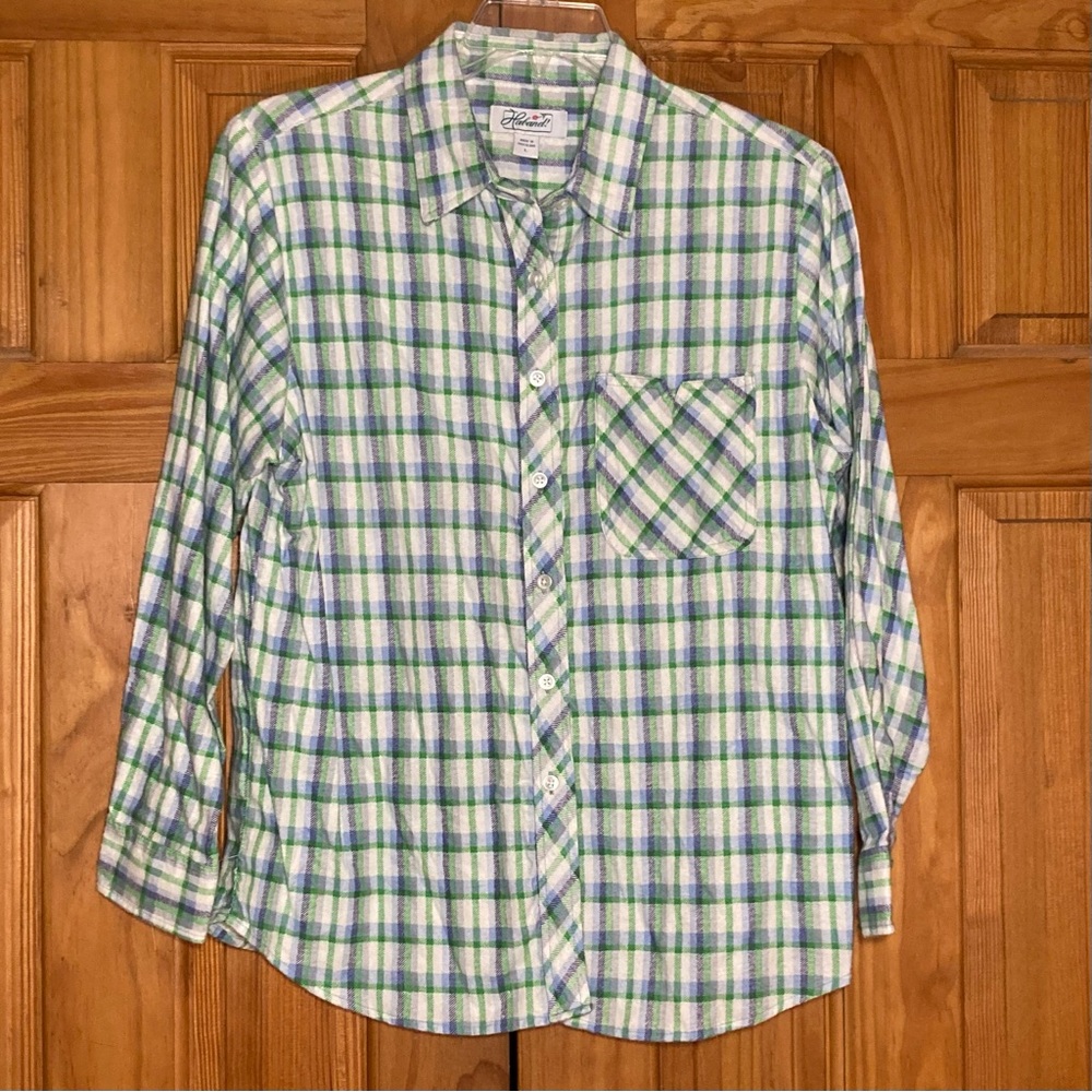 NWOT Haband Blouse Flannel Long Sleeve Top Plaid Green White Blue Size L Large